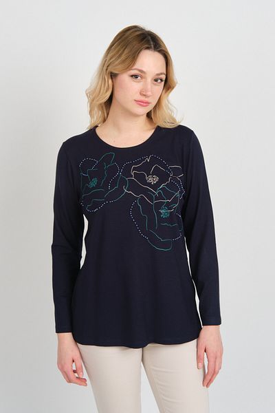 Detay Triko Women Beaded Embroidered Side Slits Crew Neck Mother Blouse 5722 Navy Blue