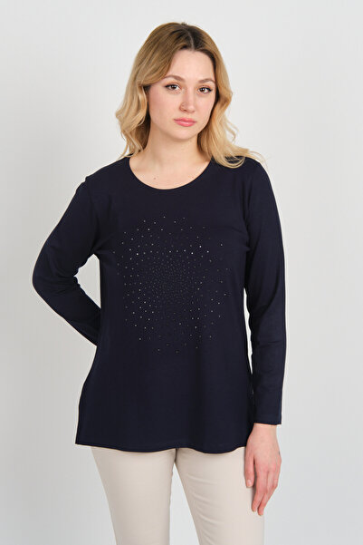 Detay Triko Жіноча блуза з розрізом і камінням, довгі рукави, 5703, темно-синя