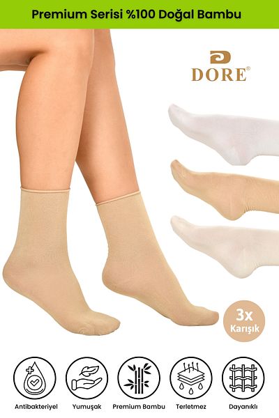 Dore Original Women's 3 Pairs Premium Soft Comfort Model Elasticless & Seamless Bamboo Socket Socks Set of 3