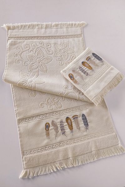 Sevim Set of 2 Embroidered Velvet Hand Towels - Jacquard Feather Embroidered Towel Set - Cappuccino