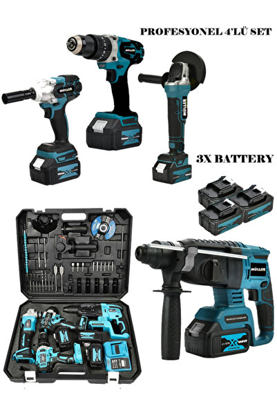 Pro Müller Alman 4'lü İnşaat Seti 3 Akülü Kırıcı Delici Hilti Avuç Taşlama So...