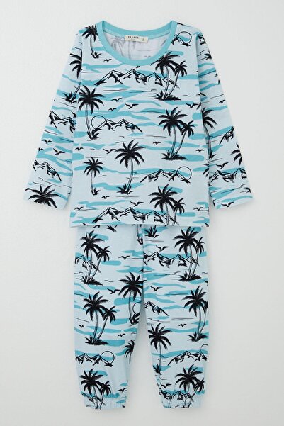 Breeze Erkek Bebek Pijama Takımı Palmiye Ağacı Desenli 9 Ay-3 Yaş, Açık Mavi