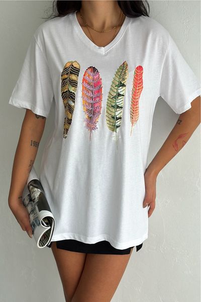 FEMELLE Women's White V-Neck Large Size Feather Pattern Sequin Embroidered 100% Cotton Large Size T-Shirt