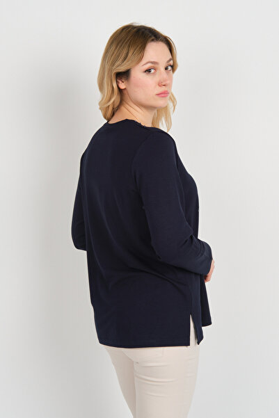 Detay Triko Жіноча блуза з каменями на комірі та бісером, довгі рукави, 5747, темно-синя