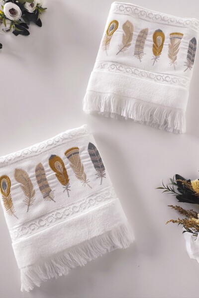 Sevim Рушник з вишивкою з пір'я, 2 шт. - Жаккардовий оксамитовий рушник для обличчя - 100% бавовна - білий