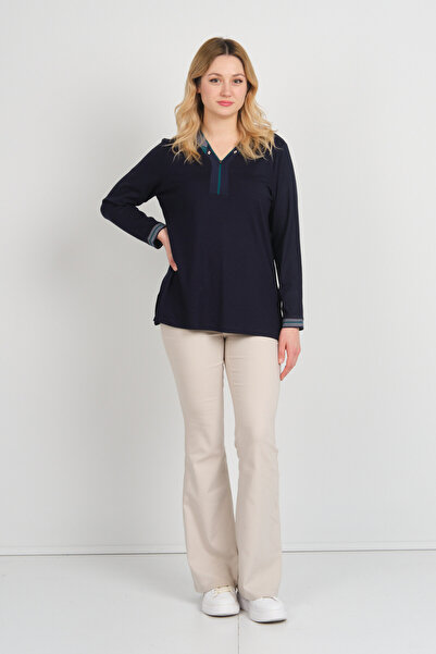 Detay Triko Жіноча блуза з V-подібним вирізом і камінням на комірі, довгими рукавами 5711 Ласі - зелена