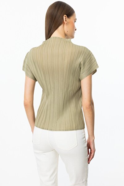 Ekol Accordion Fabric Stand Collar Blouse