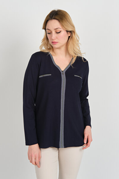 Detay Triko Жіноча прикраса з кишенями, детальна блуза з довгими рукавами 5717 Синя