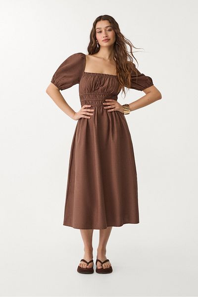 Stradivarius Linen Blend Puff Sleeve Midi Dress Adha