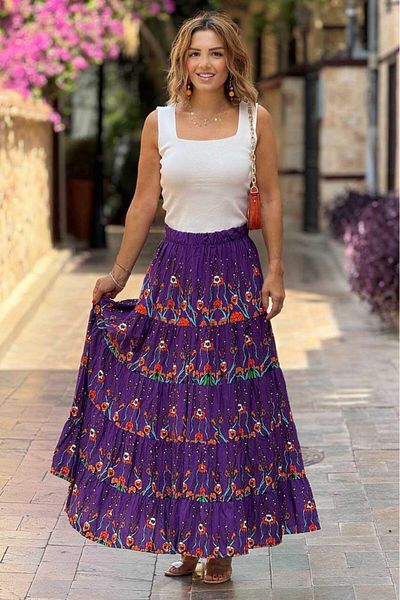 Nevin Kaya Moda Purple Spring Branch Patterned 100% Cotton Viscose Skirt