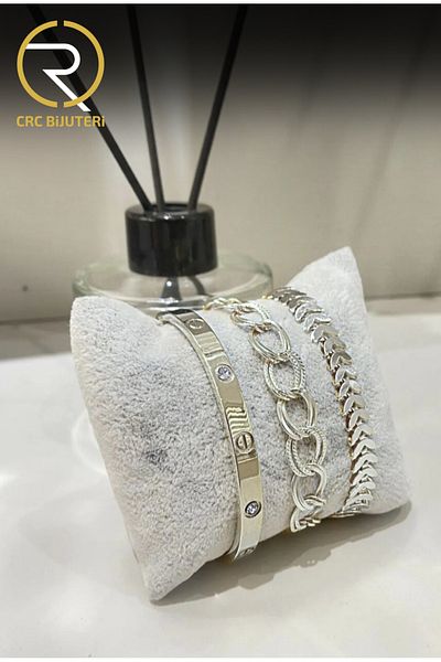 Crc Bijuteri Stone Handcuffs, Milky Way and Herringbone Chain, Women's 3-Piece Combination Bracelet Set