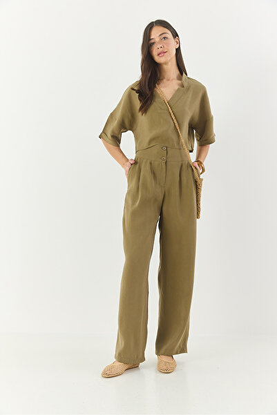 Bianco Lucci Γυναικεία μπλούζα με λαιμόκοψη V με ψηλόμεσο παντελόνι Modal κάτω-πάνω κοστούμι 9330 60281052