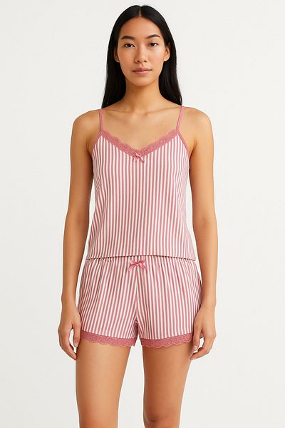HNX Cotton Collar Lace Detailed Thin Straps Undershirt and Shorts Women's Pajamas Set