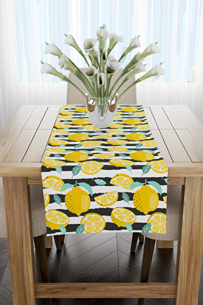 EsnafAli Black and White Striped Lemon Patterned Runner 40X140