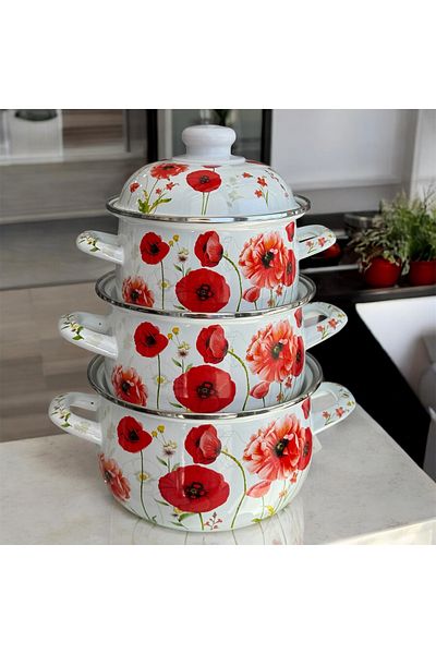 AHİR TİCARET Ebru Metal Enameled 3-Piece Cookware Set 16 Cm-18 Cm-20 cm