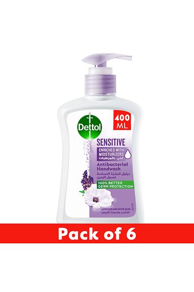 Dettol Sensitive Liquid Handwash Pump, Lavender & White Musk Scent, 400ml X 6