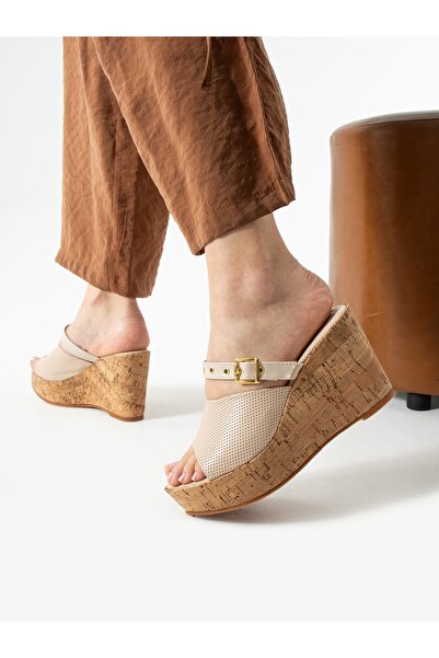 ALEMDAR AYAKKABI Liona Cream Wedge Heeled Women's Slippers