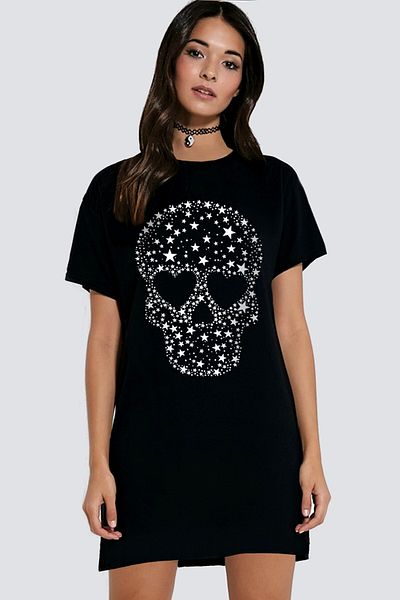 ROCKANDROLL Starry Skull Black Short Sleeve Combed Cotton Women's T-Shirt Dress