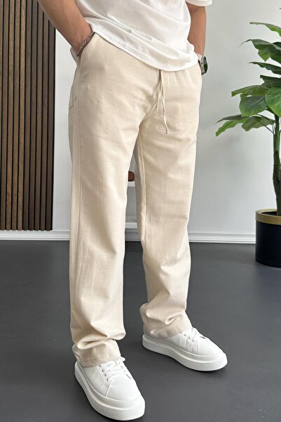 Edwox Erkek Beli Lastikli Baggy Kalıp Pantolon Krem Edw356