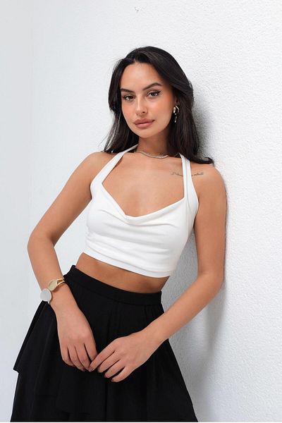 STANVİA Halter Neck Degaje Collar Crop White