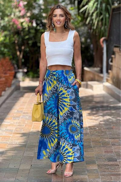 Nevin Kaya Moda Italian Blue Ethnic Patterned 100% Cotton Viscose Trousers