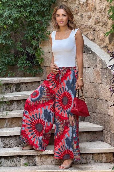 Nevin Kaya Moda Italian Red Ethnic Patterned 100% Cotton Viscose Trousers