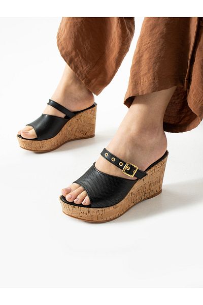 ALEMDAR AYAKKABI Liona Black Wedge Heeled Women's Slippers