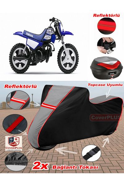 CoverPlus Yamaha PW 50 Canvas Topcase متوافق مع القماش المشمع للدراجات النارية (رمادي-أسود أحمر مخيط)