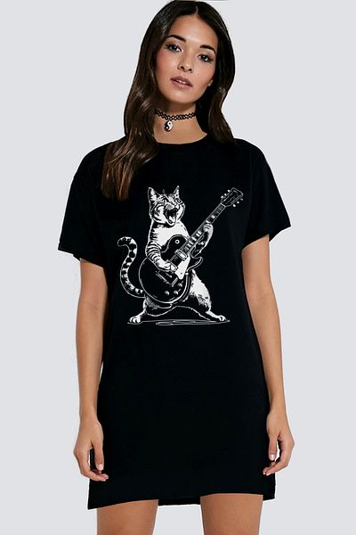 ROCKANDROLL Sarman Rock Black Short Sleeve Combed Cotton Women's T-Shirt Dress