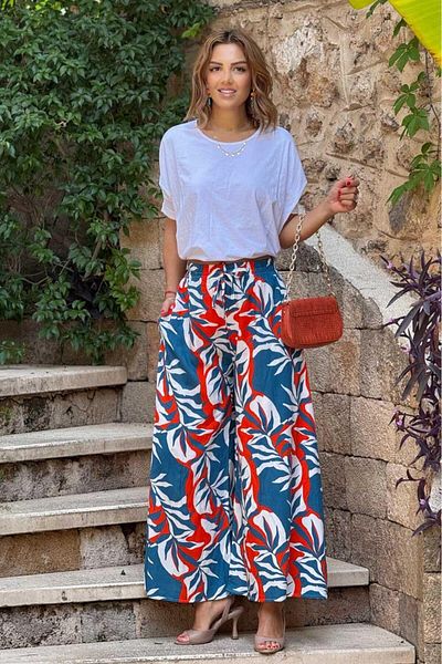Nevin Kaya Moda Italian Petrol Leaf Patterned 100% Cotton Viscose Trousers