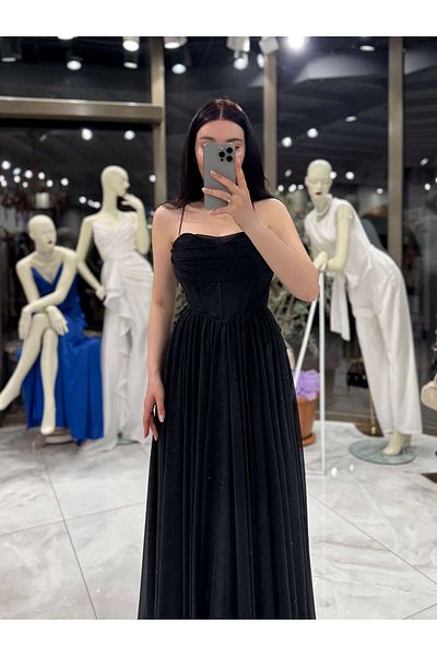 missswans Hadley Chest Draped Corset Adjustable Rope Tie Glitter Long Dress Black