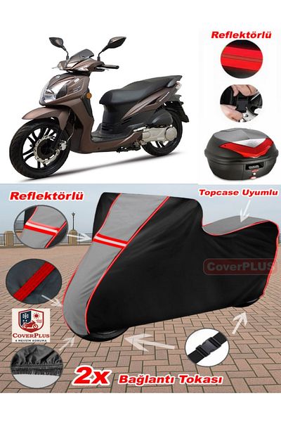 CoverPlus Sym Symphony SR 125 قماش القماش Topcase المتوافق مع القماش المشمع للدراجات النارية (رمادي-أسود أحمر مخيط)