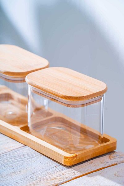 ACAR 3-Piece Borosilicate Glass Spice Rack Set with Malibu Bamboo Stand