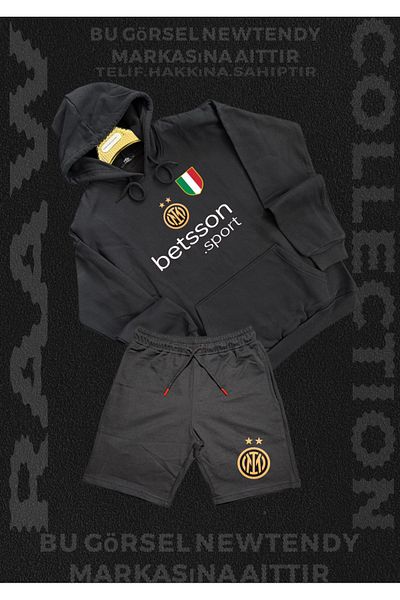 Minikelya Inter Logo Hooded Sweatshirt and Light Shorts Set Men's Fan Sportswear Set 2-Piece Combination