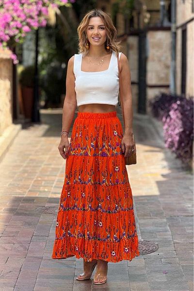 Nevin Kaya Moda Orange Spring Branch Patterned 100% Cotton Viscose Skirt