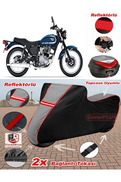 CoverPlus Kawasaki W 230 Tarpaulin Topcase متوافق مع القماش المشمع للدراجات النارية (رمادي-أسود أحمر مخيط)