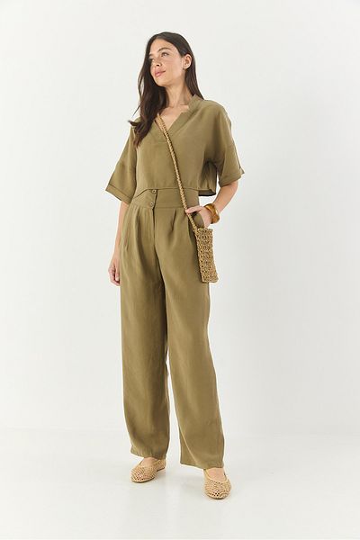 Bianco Lucci Women V-Neck Blouse with High Waist Pants Modal Bottom-Top Suit 9330 60281052