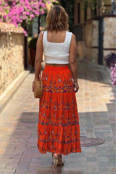 Nevin Kaya Moda Orange Spring Branch Patterned 100% Cotton Viscose Skirt