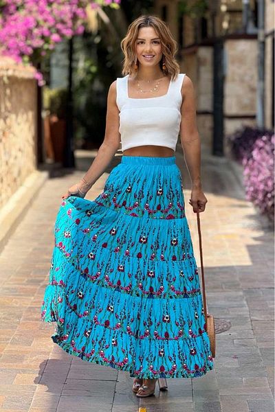 Nevin Kaya Moda Turquoise Spring Branch Patterned 100% Cotton Viscose Skirt