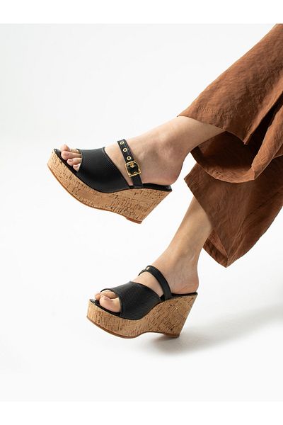 ALEMDAR AYAKKABI Liona Black Wedge Heeled Women's Slippers