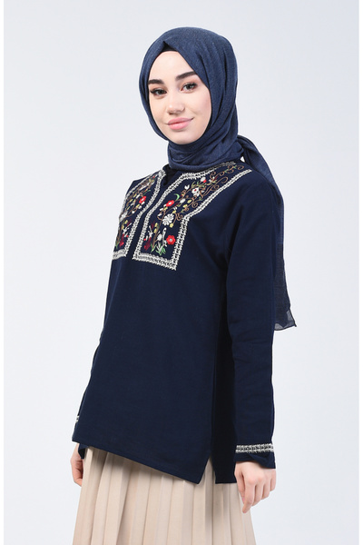 sefamerve Μπλούζα από ύφασμα Sile με κέντημα Navy Blue - 0011-04