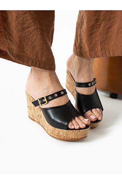 ALEMDAR AYAKKABI Liona Black Wedge Heeled Women's Slippers