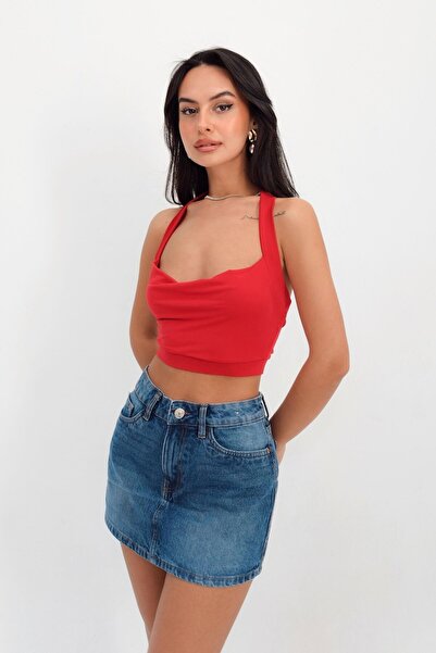 STANVİA Жіночий кроп-топ з відкритим коміром, що зав'язується на шиї, червоний блуз