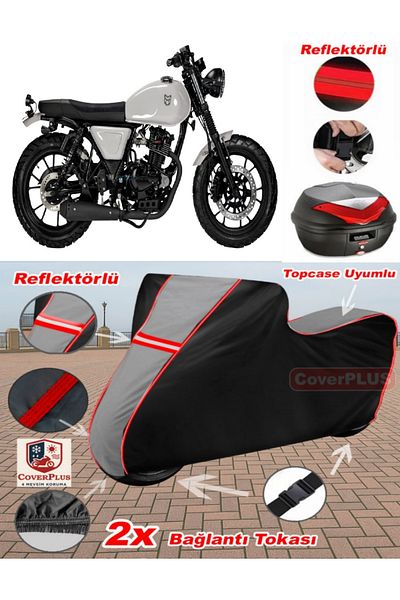 CoverPlus Mutt FSR 125 Tarpaulin Topcase متوافق مع القماش المشمع للدراجات النارية (رمادي-أسود أحمر مخيط)