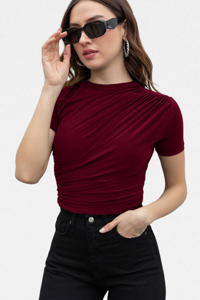 VODENS Γυναικεία μπλούζα με κοντό μανίκι με λαιμόκοψη σε μπορντό χρώμα