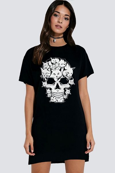 ROCKANDROLL Meow Skull Black Short Sleeve Combed Cotton Women's T-Shirt Clothes