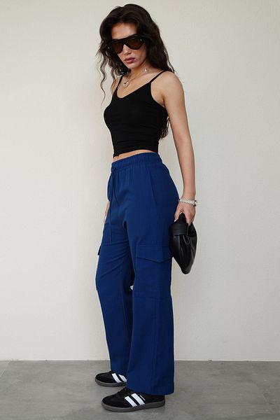 Seeh Navy Blue Muslin Fabric Women's Trousers - Pocket Detailed, Waist Elastic Sh186