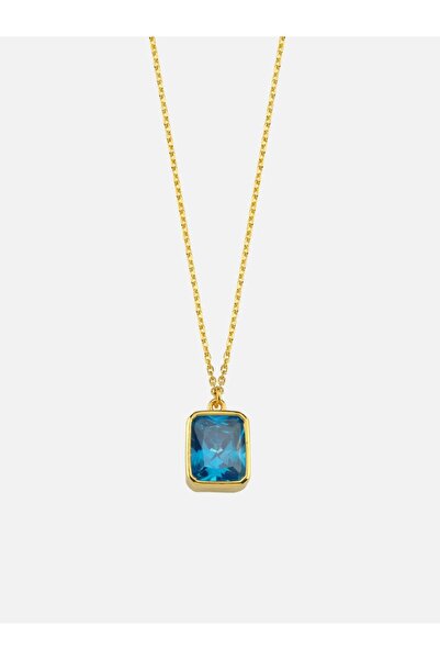 LİNYA JEWELLERY Dikdörtgen Mavi Kristal Taşlı Zincir Kolye