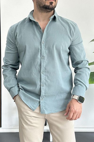 Edwox Мъжка риза от тюркоазена материя Crinkle Fabric Edw362