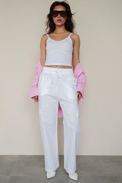 Seeh White Women's Pants with Muslin Fabric - Pocket Detail, Waist Elastic Sh186
